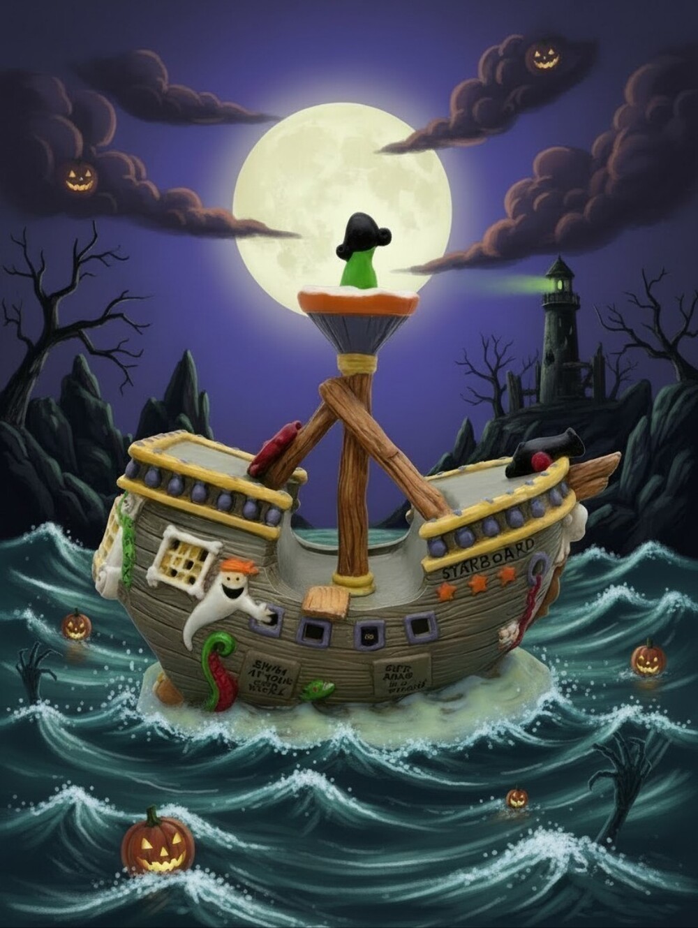 Vtg Midwest of Cannon Falls Creepy Hollow Shipwreck Halloween Village Box & Cord
